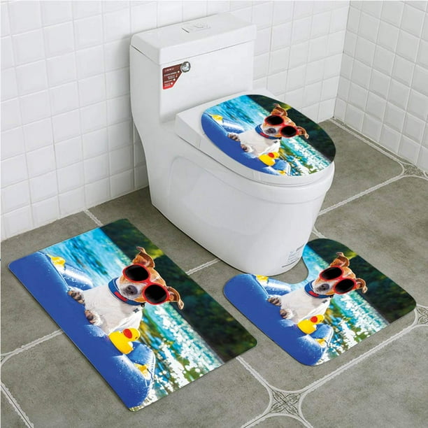 ABPHQTO Gracioso perro Jack Russell gafas de sol sentado en la playa del lago cachorro en la playa Juego de alfombras de baño de 3 piezas Alfombra de baño Alfombra de contorno y tapa de inodoro ABPHQTO Cont-CHAPPLE-13307