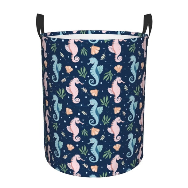Fotbe Seahorses And Plants Cesto de Ropa con Asas, Cesto Impermeable de Gran Capacidad, Bolsa de Lavado para Dormitorio, Cesto de Ropa con Ruedas y Asas-Small