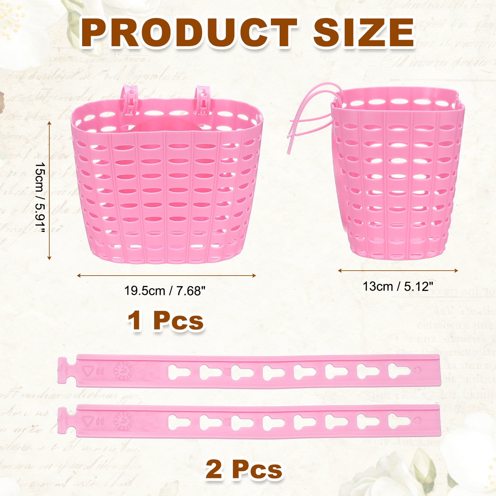 Uxcell Bike Basket, Plastic Bicycle Basket Adjustable Front Baskets with 2 Adjustment Buckles Unisex Strong Load 7.7 x 5.1 x 5.9" & Pink-Fitting For(Most Bikes/Tricycle/Scooters)