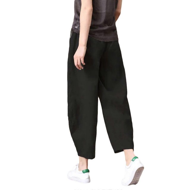 Women Cotton Linen Summer for Capri Baggy Cropped Harem Pants Elastic Waist Solid Color Casual Loose Ankle Length Beach Trousers with Pockets S-5XL
