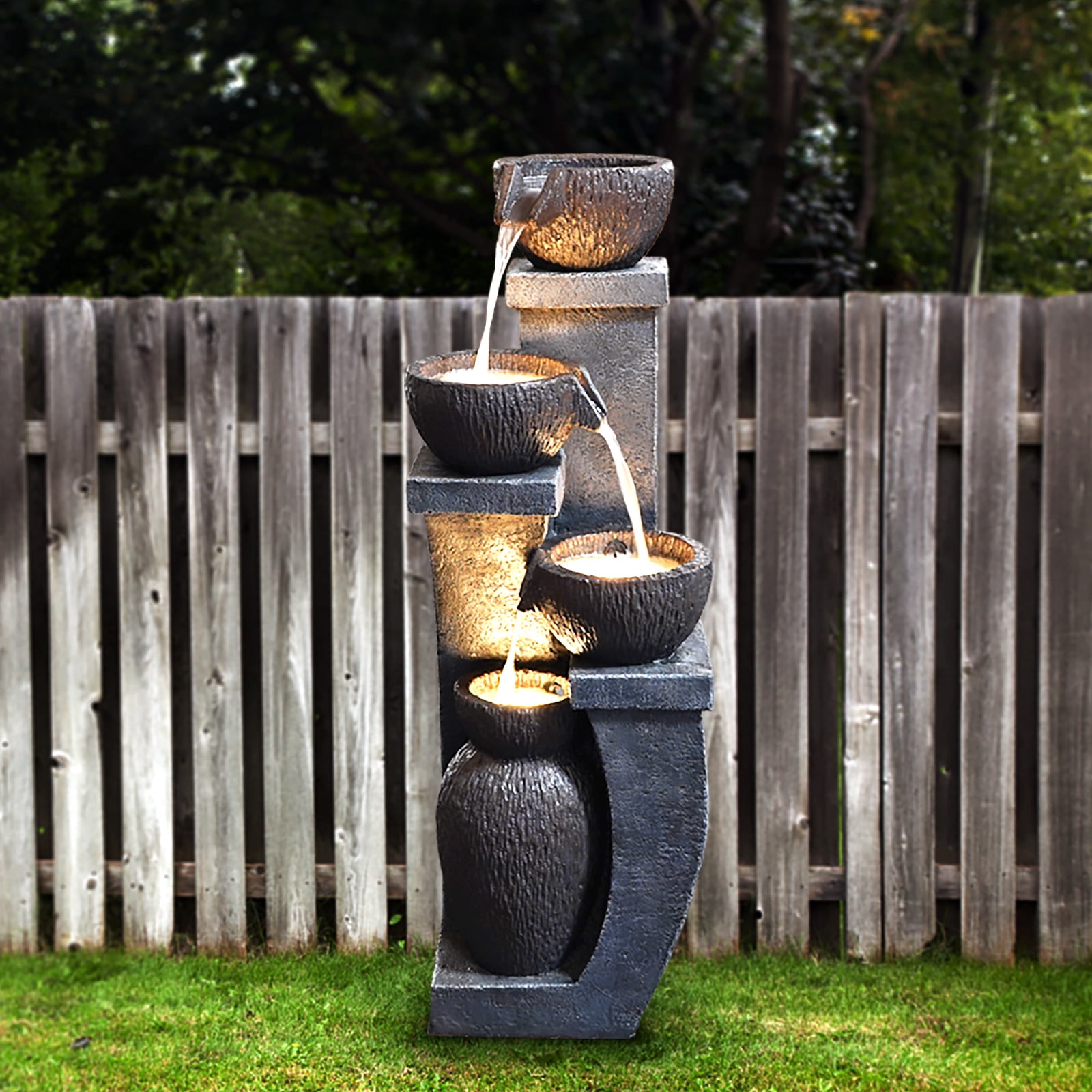 37.4"H Outdoor Water Fountain with 4 Crocks, Modern LED Lighted Garden Floor Fountain, Durable Resin Cascading Waterfall Water Feature for Patios, Yards, Indoor and Outdoor Décor