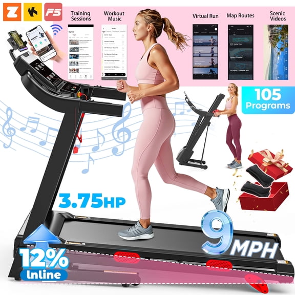 3.75HP Folding Treadmill with 300lbs Capacity, 105Programs Treadmill for Home, 3 Adjustable Incline, 9MPH Speed, Intelligent APP control, Silent Brushless Motor, Bluetooth & HiFi Stereo Speakers