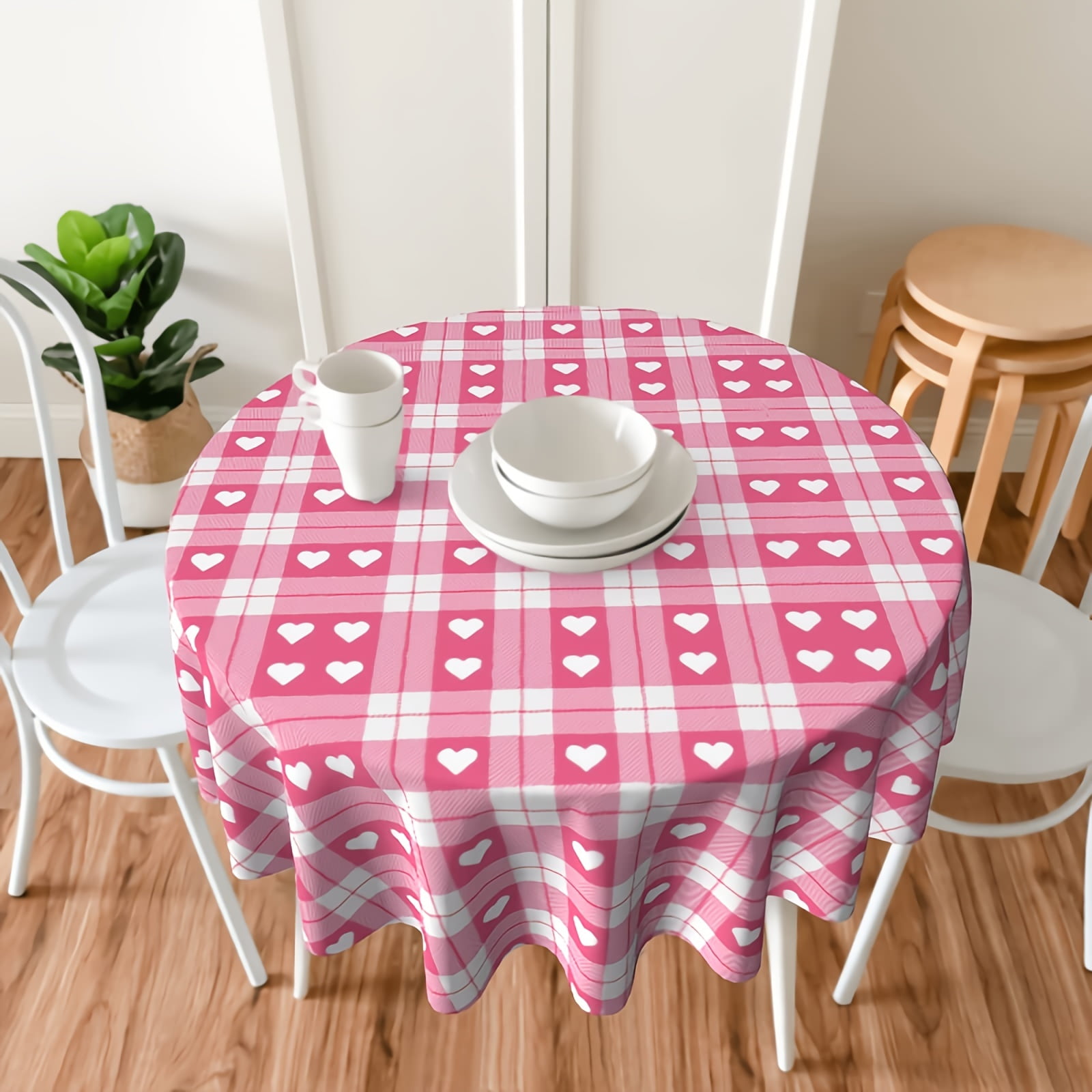 1PC Pink Checked Love Heart Table Cloth 60inch Washable Table Cover ...