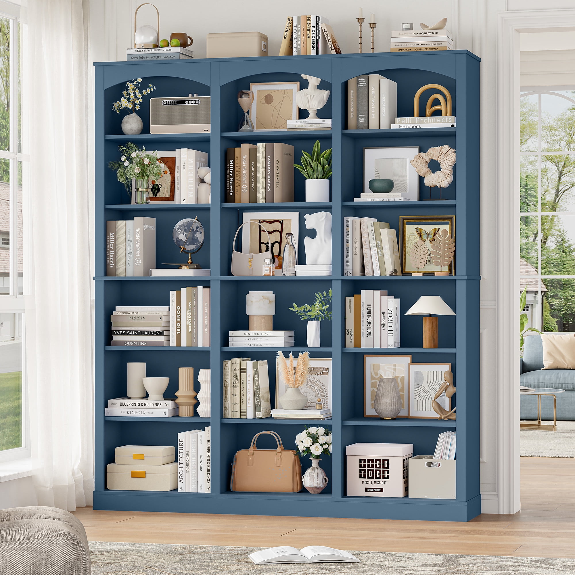 Homfa 18-Cube Bookcase and Bookshelves, 71.2" Triple Width 6-Tier Freestanding Arch Library Cabinet for Home Office Living Room, Blue