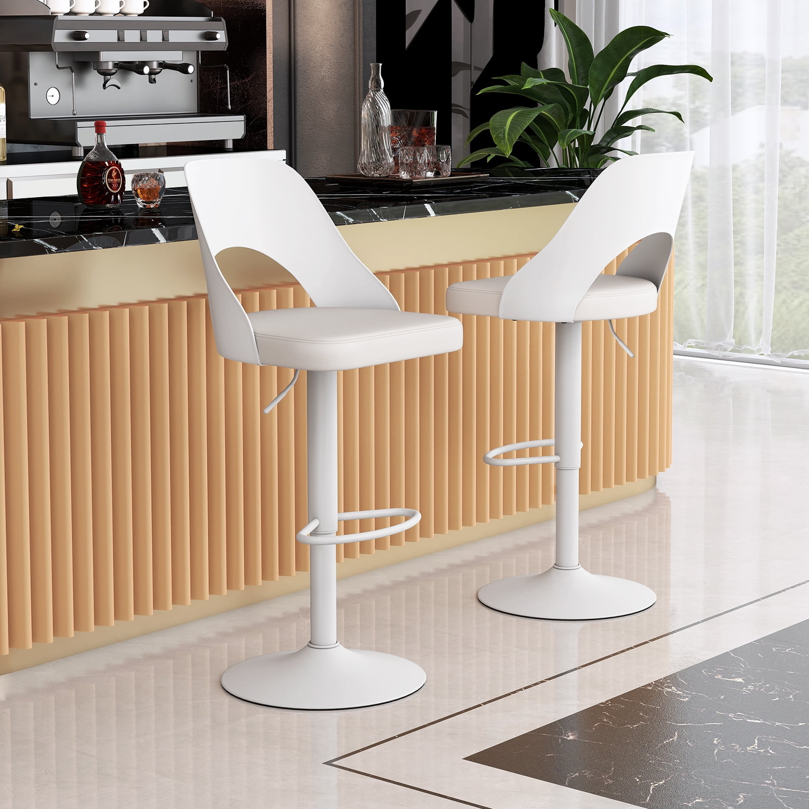 Gymax Bar Stools Set of 2 w/Enlarged PU Leather Seat Footrest Swivel Bar Chairs White