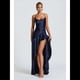 thumbnail image 4 of Vestido de Cóctel para Mujer, Ajustado, Informal, , con Escote en V, Sin Mangas, de Satén, con Volantes en el Bajo y Espalda Descubierta. Azul Oscuro S, 4 of 10