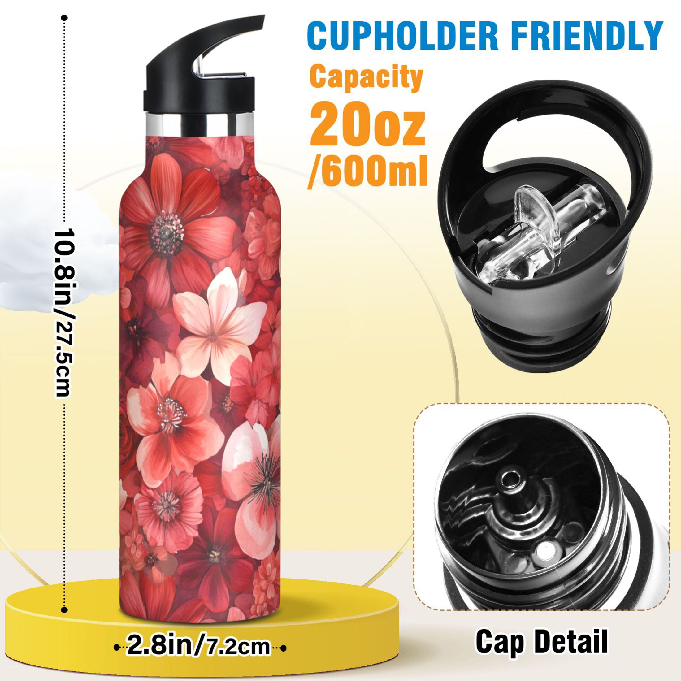 600ML Stainless Steel Insulated Cup Sports Water Bottle Portable Thermos Cup Water Glasses Insulated Tumblers Convenient and Durable Cartoon Red Flowers Seamless