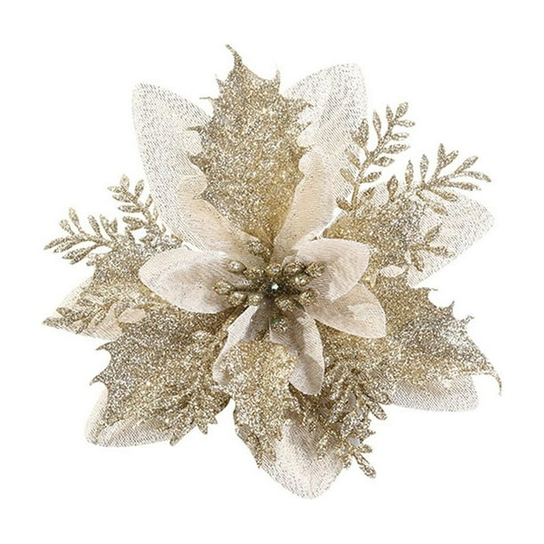 Adorno decorativo de flor de Pascua con purpurina, flor artificial DIY para repisa navideña Oro blanco