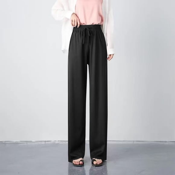 LOVZFMLL Women's Pants, Solid Color High Waist Draped Loose Straight Leg Casual Ice Silk Wide Leg Pants Black, M