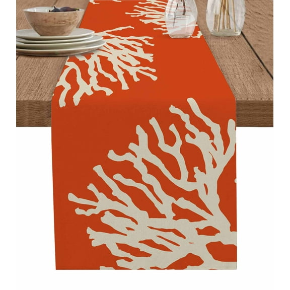 Coastal Coral Table Runners 108 Inches Long, Cotton Linen Fabric Table Runner Dresser Scarf, Orange Nautical Ocean Beach Marine Tablerunner for Party/Kitchen/Dinner/Wedding Decor 13''x108''