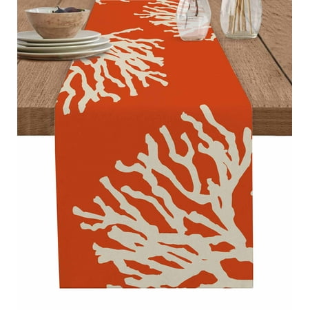 

Coral Orange Table Runner Coastal White Ocean Marine Nautical Beach Tablerunners 13 x 90 Inch Table Decorations Tabletop Scarf for Summer Gathering Holiday Farmhouse Kitchen Dining Decor