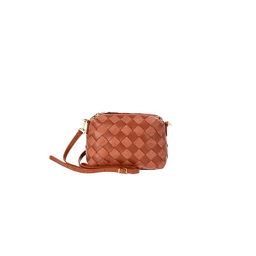 Time and Tru Women's Faux Leather and Suede Woven Camera Crossbody Bag, Cognac