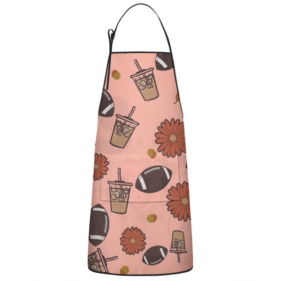 Pink Football and Drinks Pattern Apron-Garden Aprons for Women with Pockets-Cotton Linen Waterproof Kitchen Cooking Gardening Aprons Adjustable for Kitchen,Cooking,BBQ and Salon 33x27 Inch