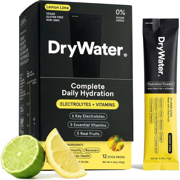 DryWater Lemon Lime Electrolyte & Vitamin Hydration Powder, 12 Count Packets