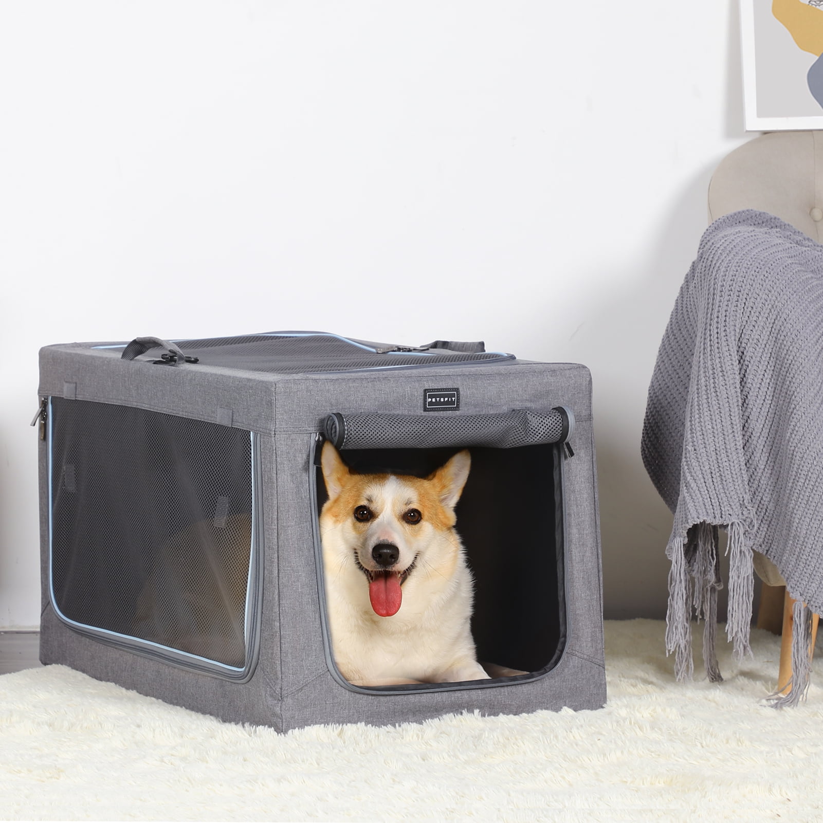 Petsfit Portable Soft Dog Crate, 3-Doors Pet Care Kennel up to 25 lbs,30.0"L x 20.0"W x 19.0"H ,Grey