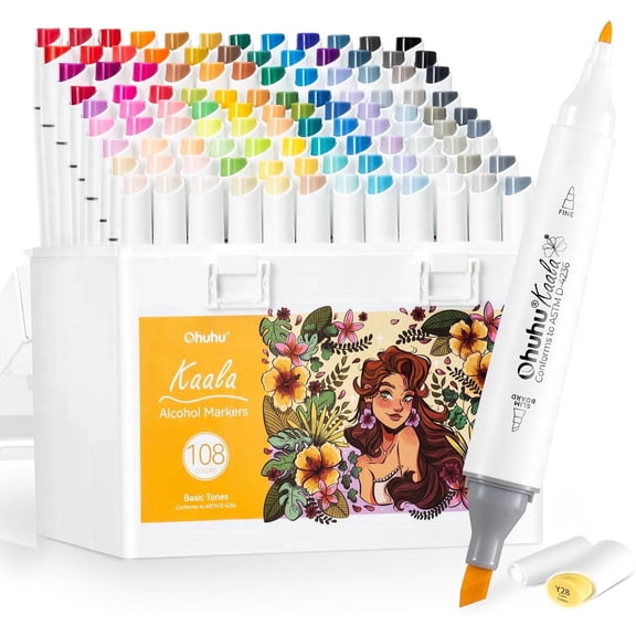 Ohuhu Alcohol-Based Markers, 108 Colors, Dual Tips Fine & Slim Broad, Refillable Art Markers for Drawing & Coloring- Kaala
