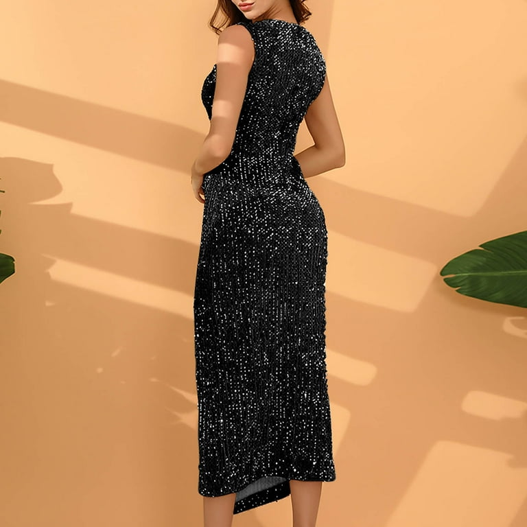 IROINNID Maxi Dress for Women Casual Dress Evening Dress Split V-neck Sequin  Sleeveless Summer Sequin Dress,Black - Walmart.com