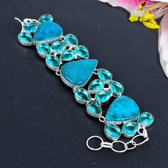 Neon Blue Apatite, Tourmaline Gemstone 925 Sterling Silver Bracelet 7-8"