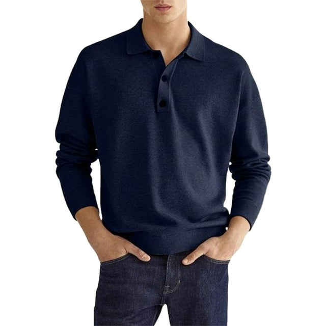 LUXUR Men Front Buttons Tee Casual Tennis T-shirt Navy Blue M
