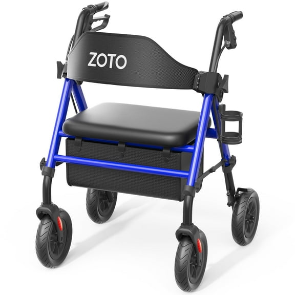 ZOTO Foldable Rolling Walker with Seat, Backrest - Height Adjustable, Lightweight Rollator for Seniors - Blue (VRW410-BL)