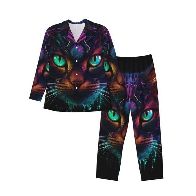 Fotbe Futuristic Cat Warrior Pijama de Hombre con Estampado de Manga Larga, Conjunto de 2 Piezas, Ropa de Dormir Suave y Cómoda con Bolsillos-Small