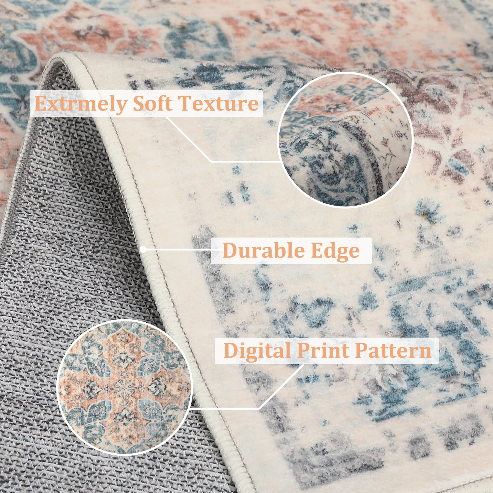 GlowSol 9' x 12' Area Rug Large Vintage Floral Print Rug Machine Washable Accent Rugs for Living Room Bedroom, Light Orange/Multi