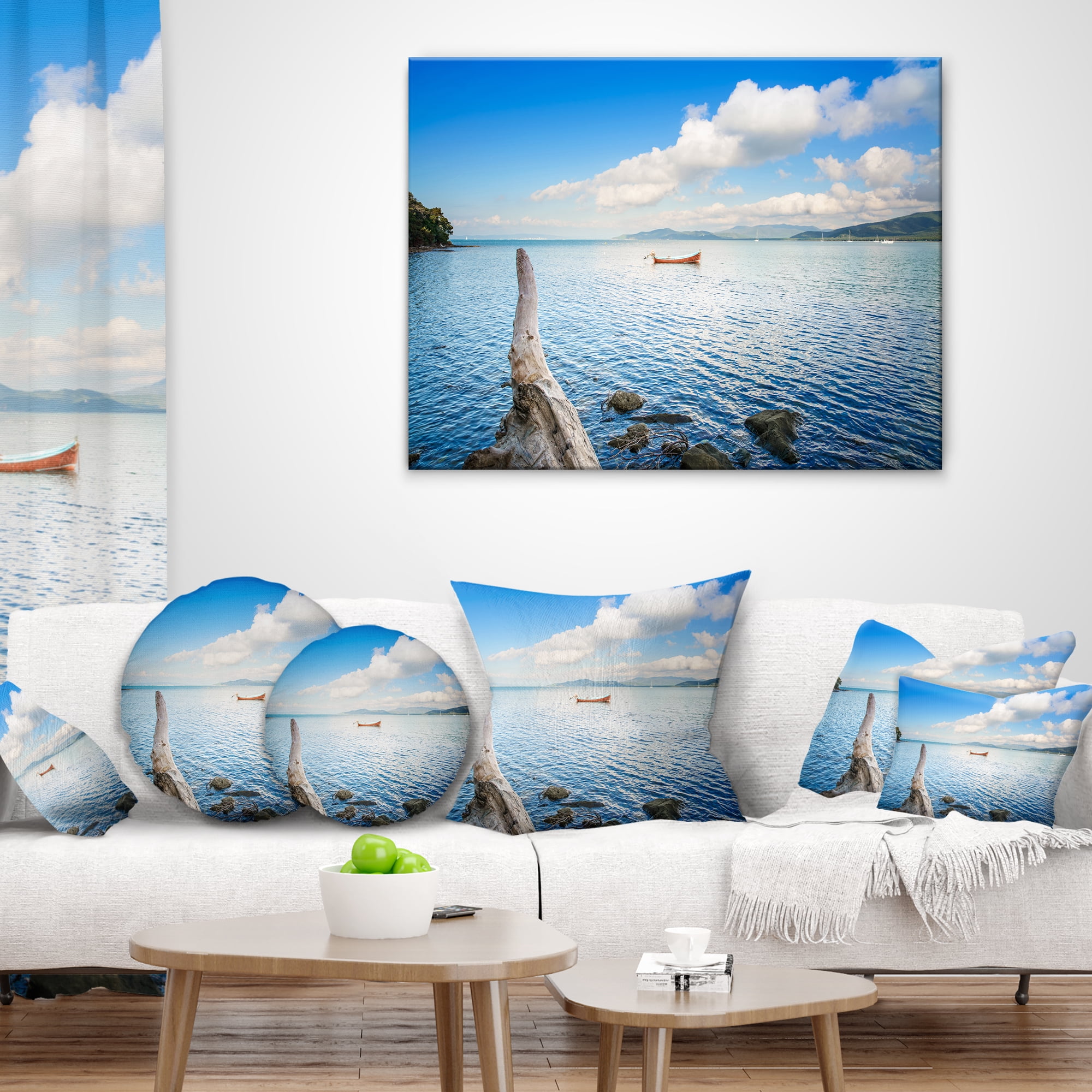 Designart Small Wooden Boat and Tree Trunk - Seashore Throw Pillow - 16x16