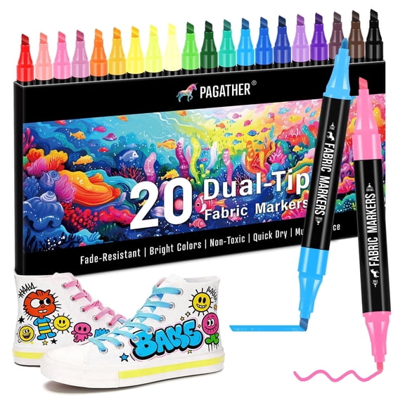 Fabric Markers Permanent for Clothes, 20 Colors Dual Tip with Fine and Chisel Tips Paint Pens for Clothing Canvas Tote Bags T-Shirt and Shoes