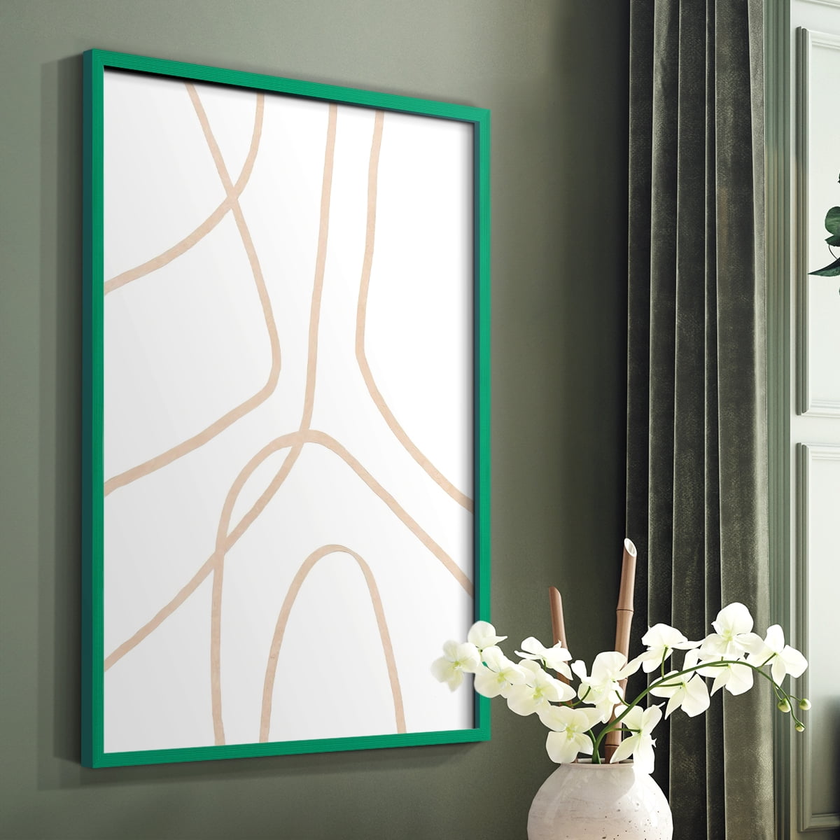 Clean Contour IV Framed Print in Green Solid Wood Framed Print No Nail Hanging