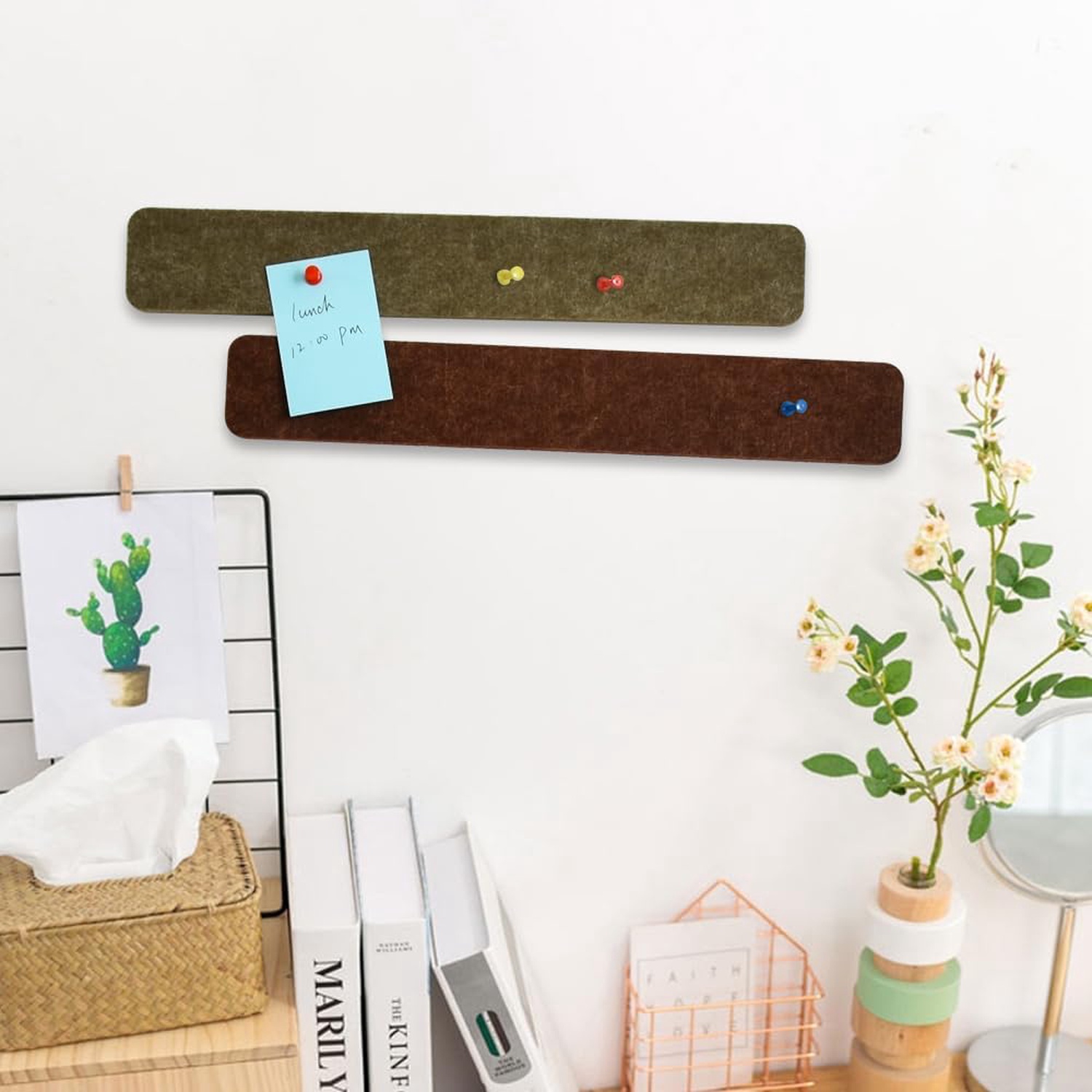 8 pcs Bulletin Board Bar Strips with 50 Pushpins & 10 Wooden Clip pins，Self Adhesive Cork Board for Wall，Felt Pin Board for School，Office Decor(Coffee-Brown White)