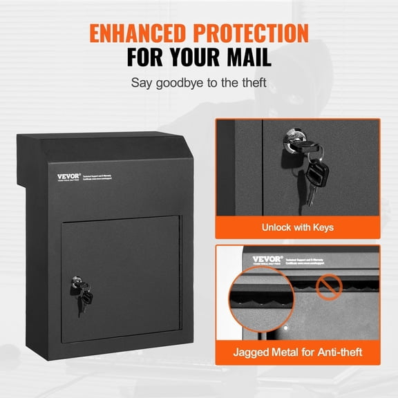 Heavy Duty Through The Door Key Drop Box, 12" Lockable Mail Slot, 12x6x16" Steel Mailbox, Black - Secure Package Delivery