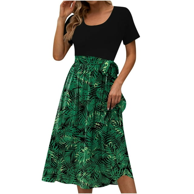 QIPOPIQ Robes Midi pour Femmes à Étages à Manches Courtes Imprimé Tendance Décontracté Robe d'Été à Col Rond Robe Patchwork Offres 2023