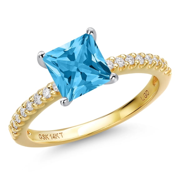 Gem Stone King 14K Two Tone Gold Swiss Blue Topaz and Lab Grown Diamond Engagement Ring for Women | 1.62 Cttw | Princess 6MM | Gemstone November Birthstone | Size 8