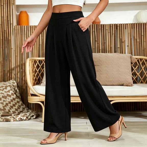ClodeEU Women's High Waisted Wide Leg Pants, Elastic Waist Flowy Trousers with Pockets, Casual Summer Loungewear Black,Women's Plus L