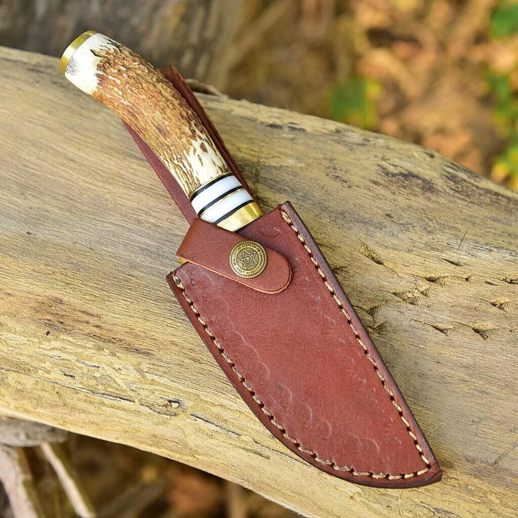 Custom Handmade Damascus Steel Fixed Blade Knife Stag Antler Handle Brass Guard