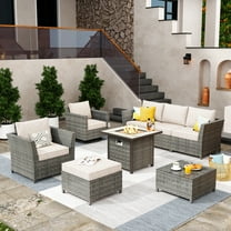 XIZZI 8 Pieces Outdoor Patio Furniture Set with Swivel Rocking Chairs and Square Fire Pit,All Weather PE Rattan Wicker Patio Sectional Sofa Conversation Set for Garden,Beige Stripe