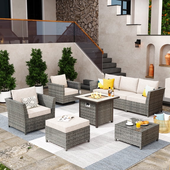 XIZZI 8 Pieces Outdoor Patio Furniture Set with Swivel Rocking Chairs and Square Fire Pit,All Weather PE Rattan Wicker Patio Sectional Sofa Conversation Set for Garden,Beige Stripe