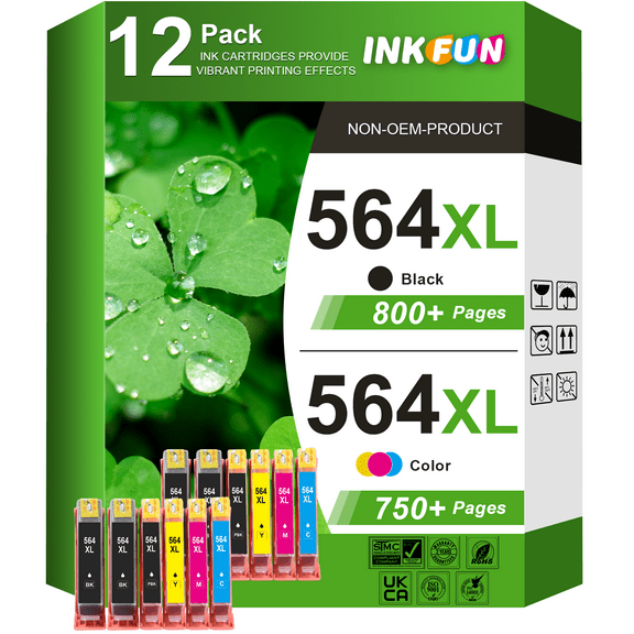 564XL Ink Compatible for HP 564 Ink Cartridges for Printers for HP Ink 564 for HP Photosmart 5520 6520 7520 5510 6510 Deskjet 3500 3520 3522 (Black Photo-Black Cyan Magenta Yellow, 12 Pack)