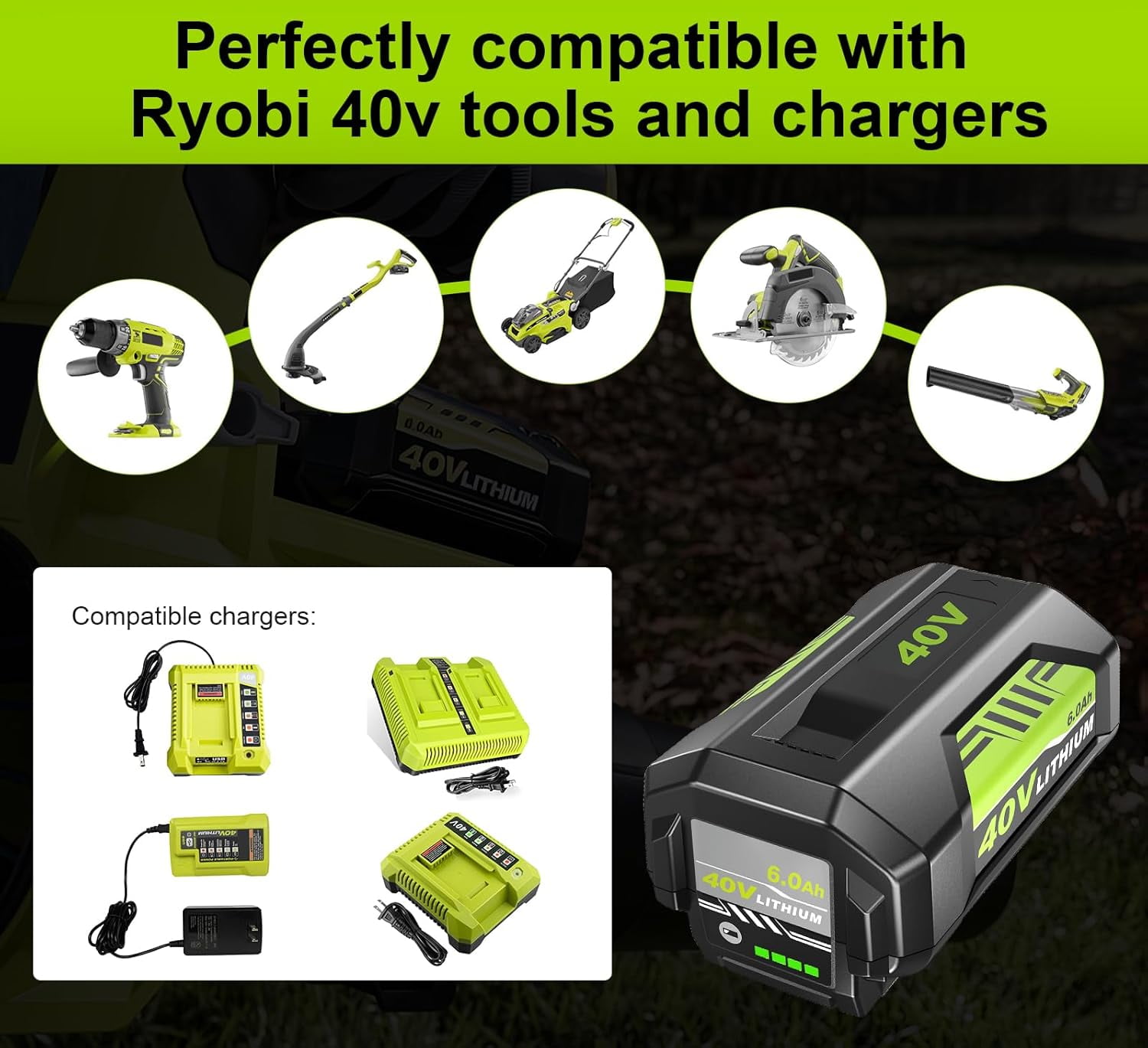 8.0Ah OP4026 40 Volt Lithium ion Replacement Battery and OP401 Charger Compatible with Ryobi 40V Battery OP4050A OP40601 OP4026A OP4040 OP4030 OP4050 OP4015 OP40261 with LED Indicator