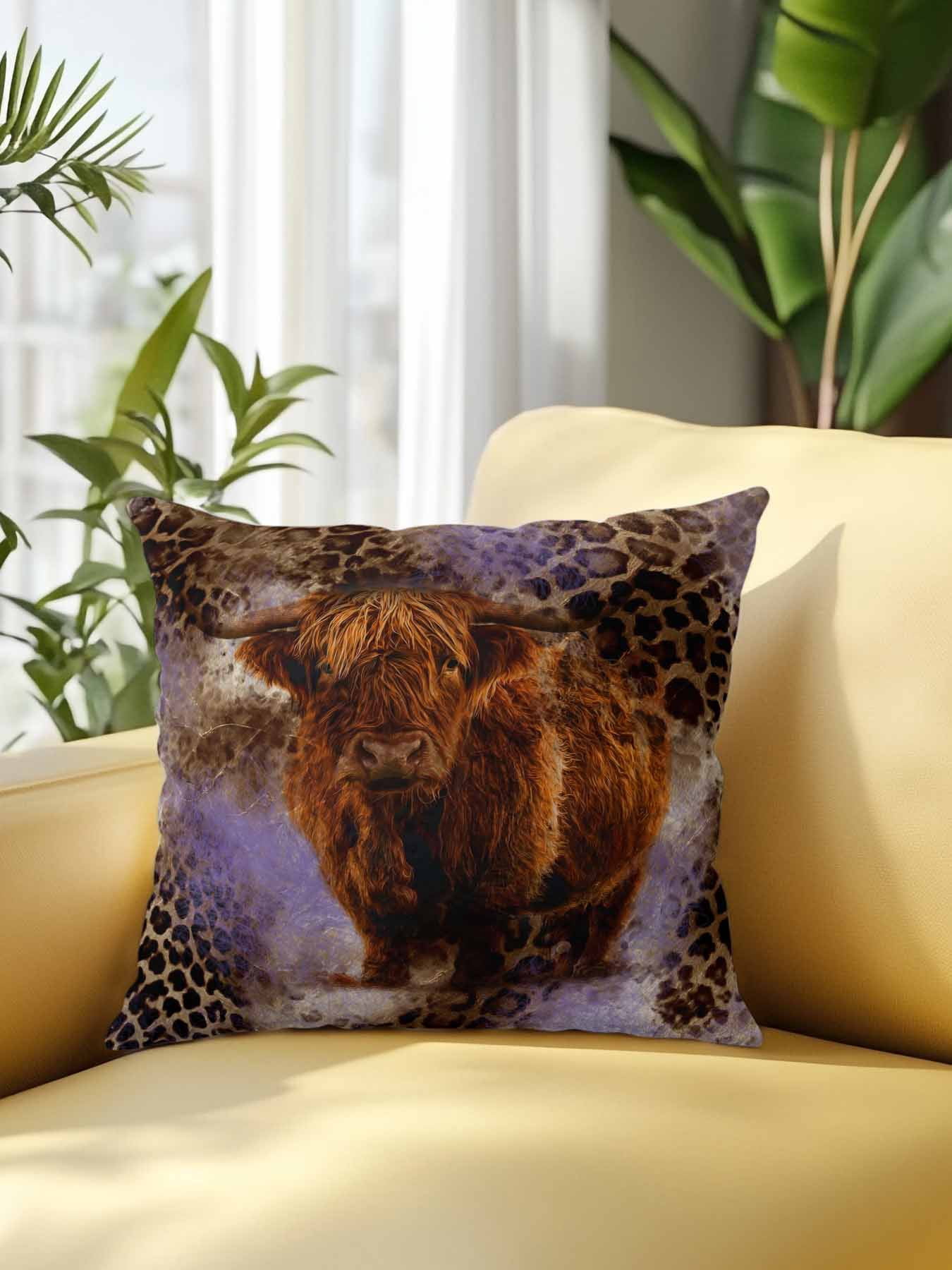 1 Pack Outdoor Throw Pillow, Purple Cow Leopard Waterproof Pillow with Insert Included, Aesthetic Vintage Animals Farmhouse Decorative Accent Cushion Sofa Pillows for Patio Porch, 18 x 18 In