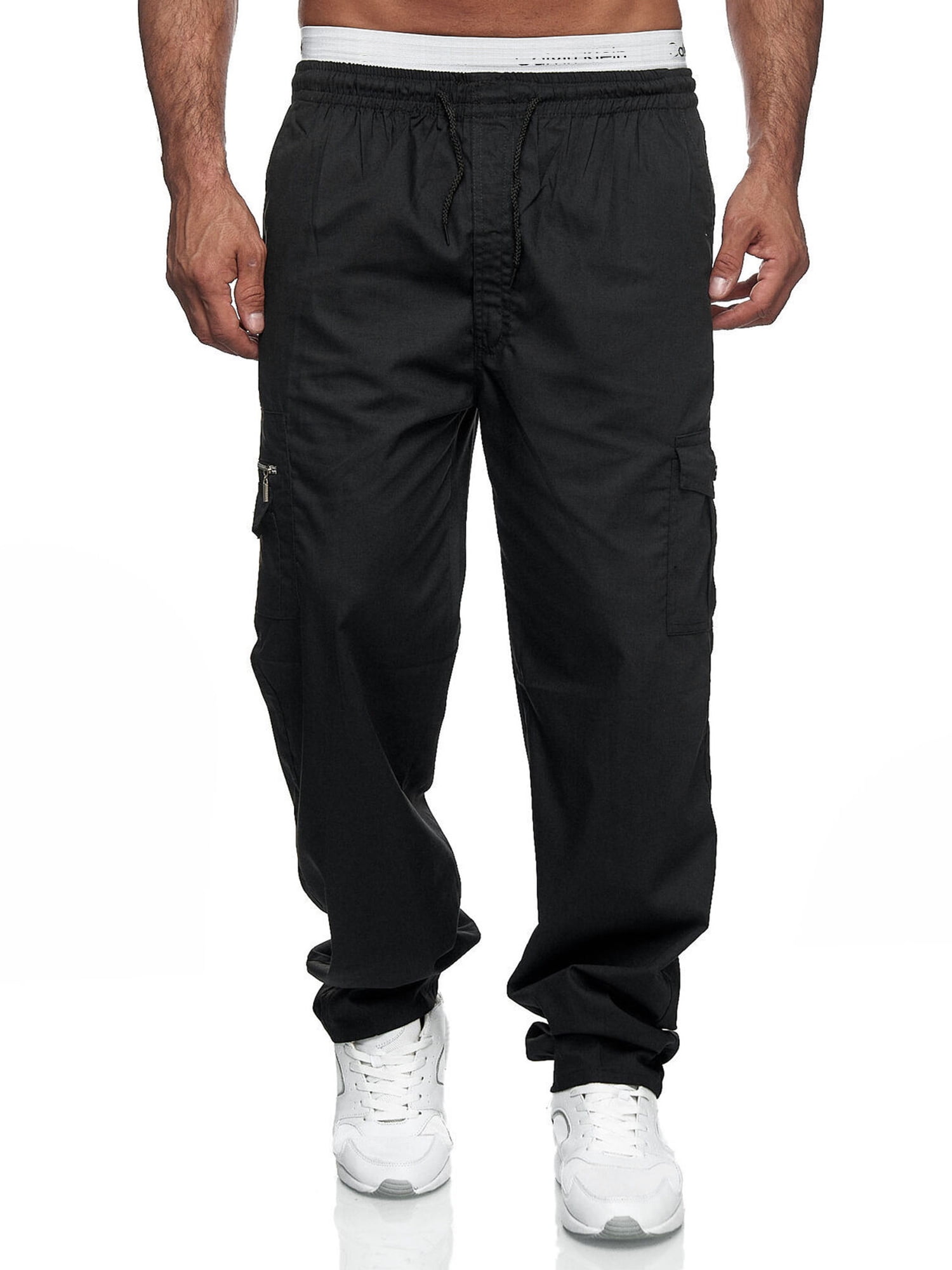 Mysszz Mens Pantaloons Solid Color Pockets Mid Waist Casual Cargo Pant, Men's, Size: Large, Black