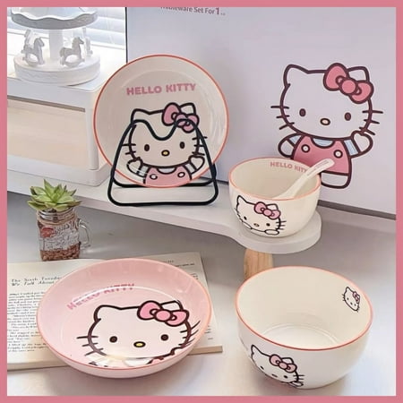 

2024 Sanrio Tableware Hello Kitty Bowl Spoon Plate Cartoon Kawaii Ceramic Tableware Kitchen Utensil Set Food Storage Household Gifts