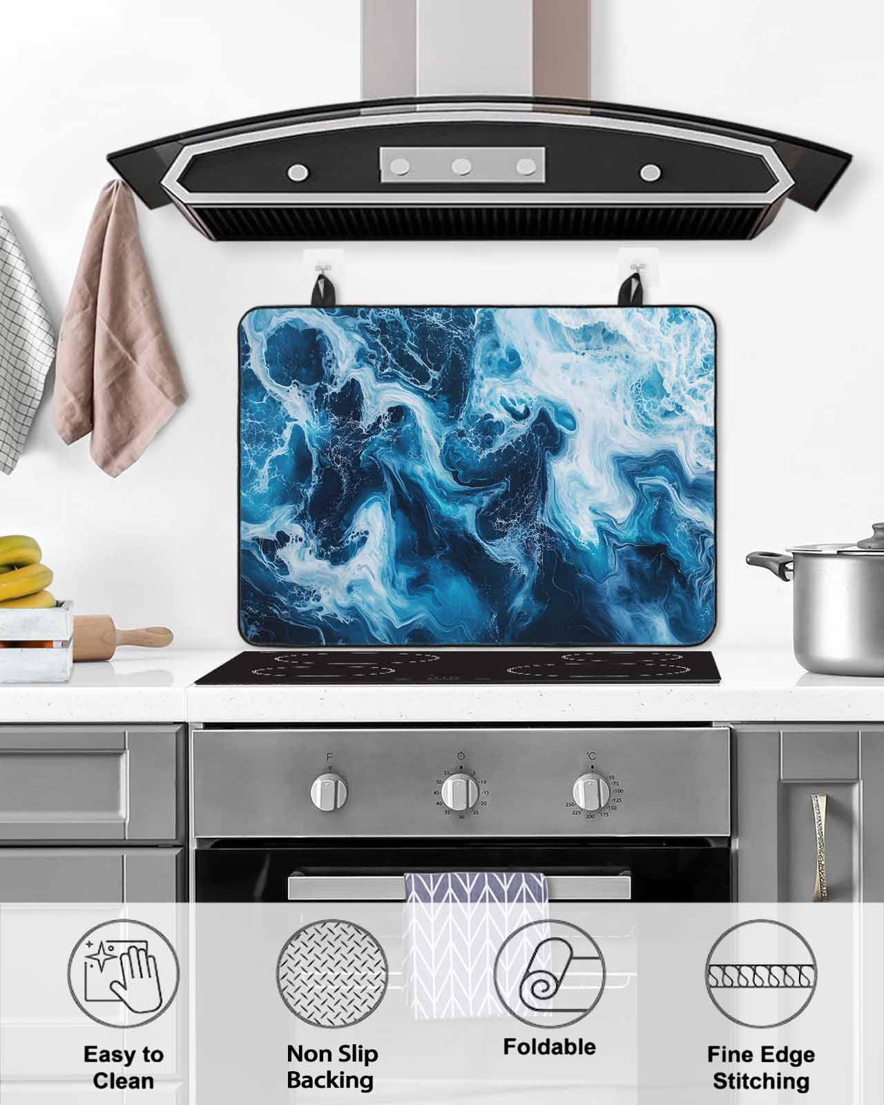nqOlkjepod Large Induction Cooktop Protector Mat 36"x21", Blue Ocean Stove Top Covers for Electric Stove, White Seawater Coastal Nature Art Decorative Stove Burner Cover Mats, Glass Top Stove Cover
