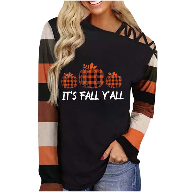Camisas de Acción de Gracias Para Mujer, Manga Larga, Hombros Descubiertos, Correa de Hombro, Bloque de Color, Blusa Con Estampado de Calabaza, Túnica, Tops Odeerbi ODB204880