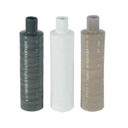 Ribbed Ceramic - Decmode Contemporary 21 X 5 Inch Ribbed Ceramic Bottle Vases - Set of 3