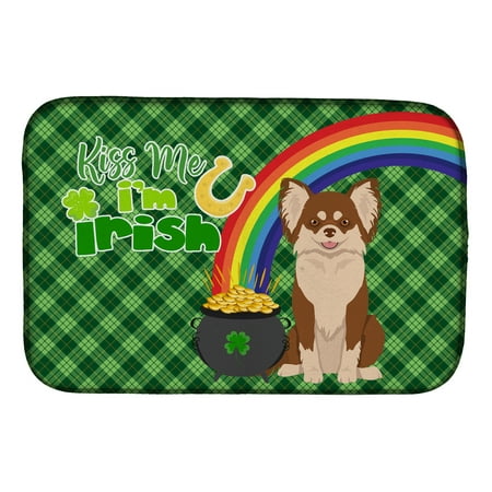 

Longhaired Chocolate and White Chihuahua St. Patrick s Day Dish Drying Mat 14 in x 21 in