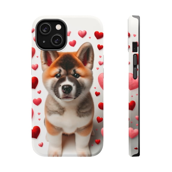 DistinctInk Tough Case for Apple iPhone 14 PLUS (6.7" Screen), Compatible with MagSafe Charging - Valentine's Day Akita Puppy