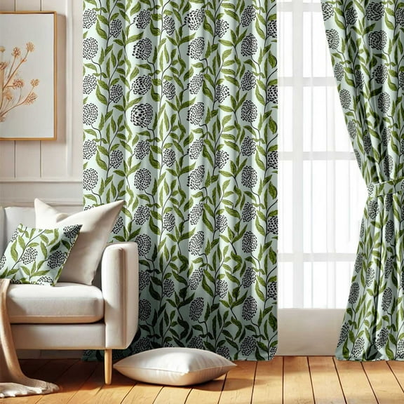 Vargottam Printed Blackout Curtains - Green Leafy Floral Design, Set of 2 Panels, 52 x 63 Inches - Room Darkening, Thermal Insulated Window/Door Drapes with Grommets