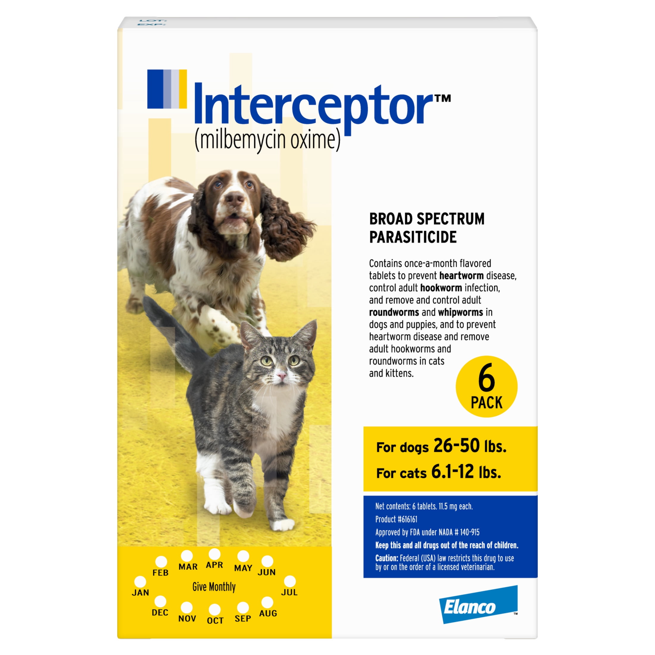 Interceptor Tablets, 26-50 lbs. for Dogs and 6.1-12 lbs. for Cats (Yellow), 6-Month Supply