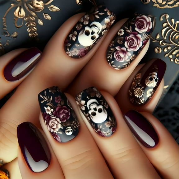 Quick Apply Artificial Nails Square M Length Halloween Fake Nails With Pumpkin And Skull Motifs For Festive Occasions